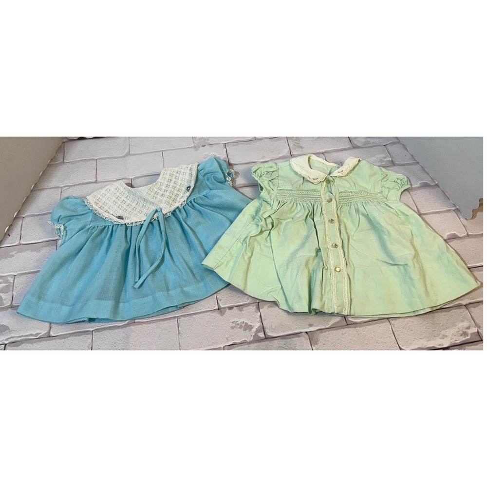 Vintage Baby Tops or Dresses Smocked Mint Green Blue Lace Peter Pan Collar 1950s